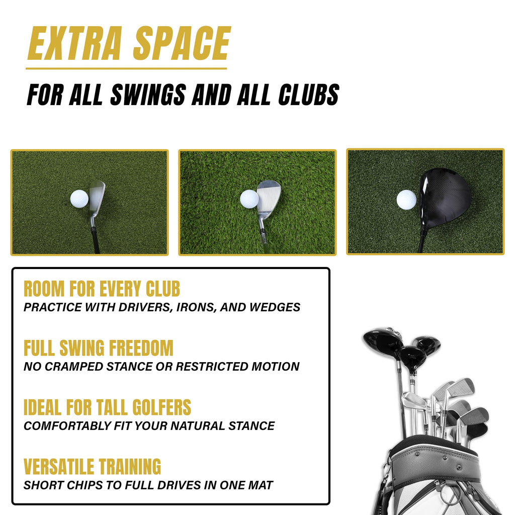 Golf mat with golf clubs and text highlighting features on a green background