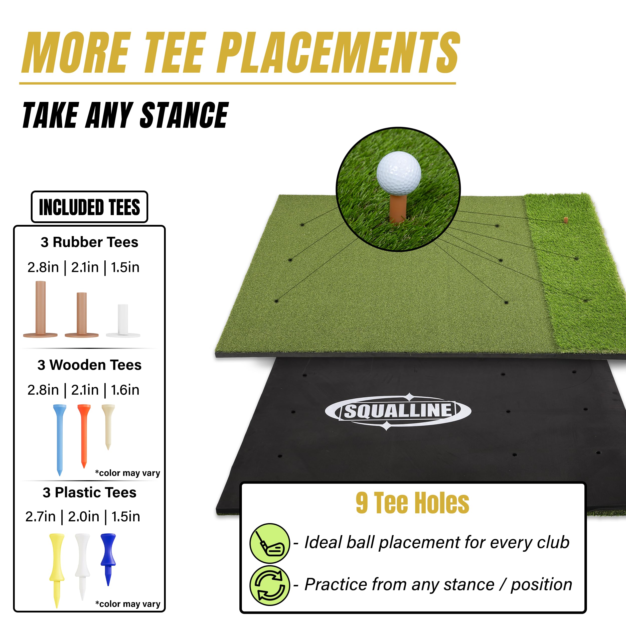 Golf practice mat with teeing options and Squalline branding