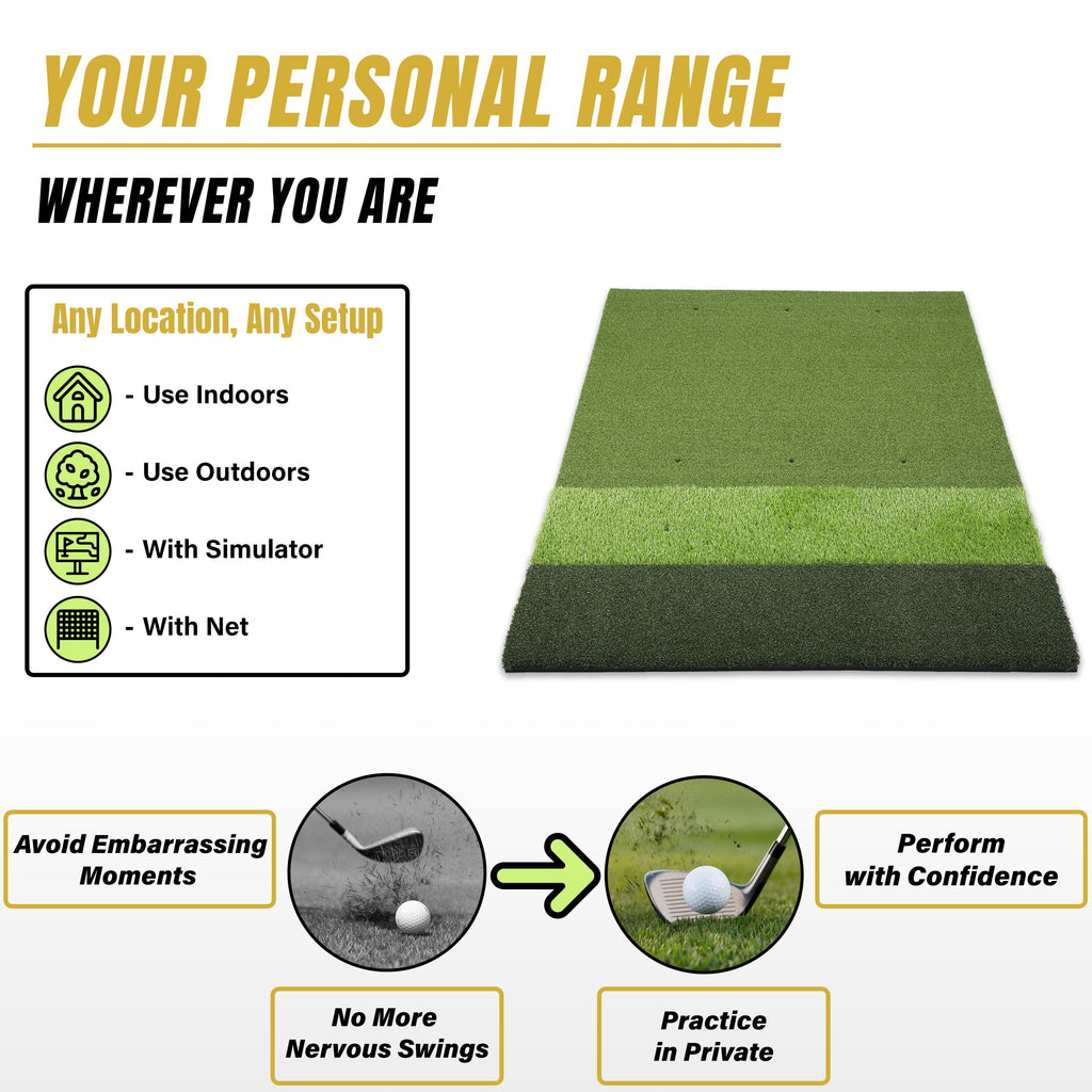 Golf practice mat with features and benefits on a white background