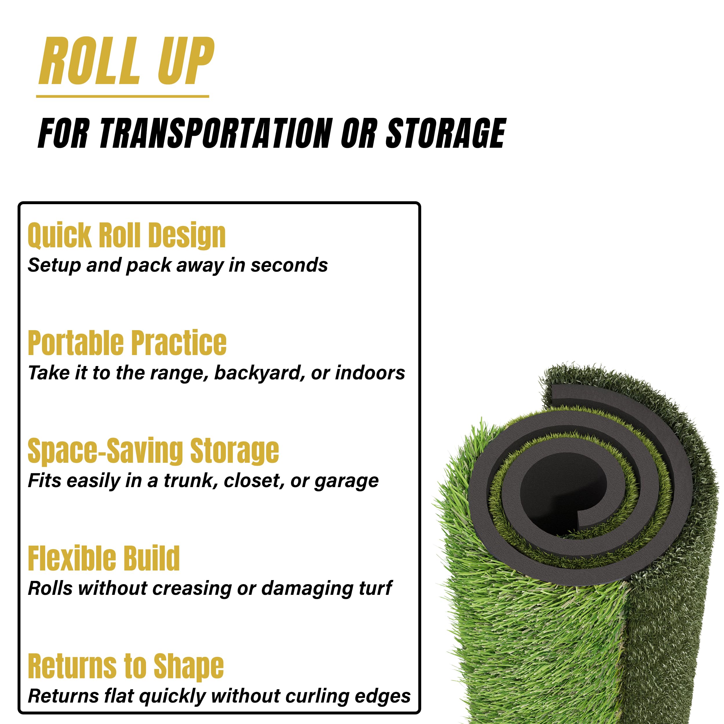 Roll of artificial grass with text highlighting features for transportation and storage.