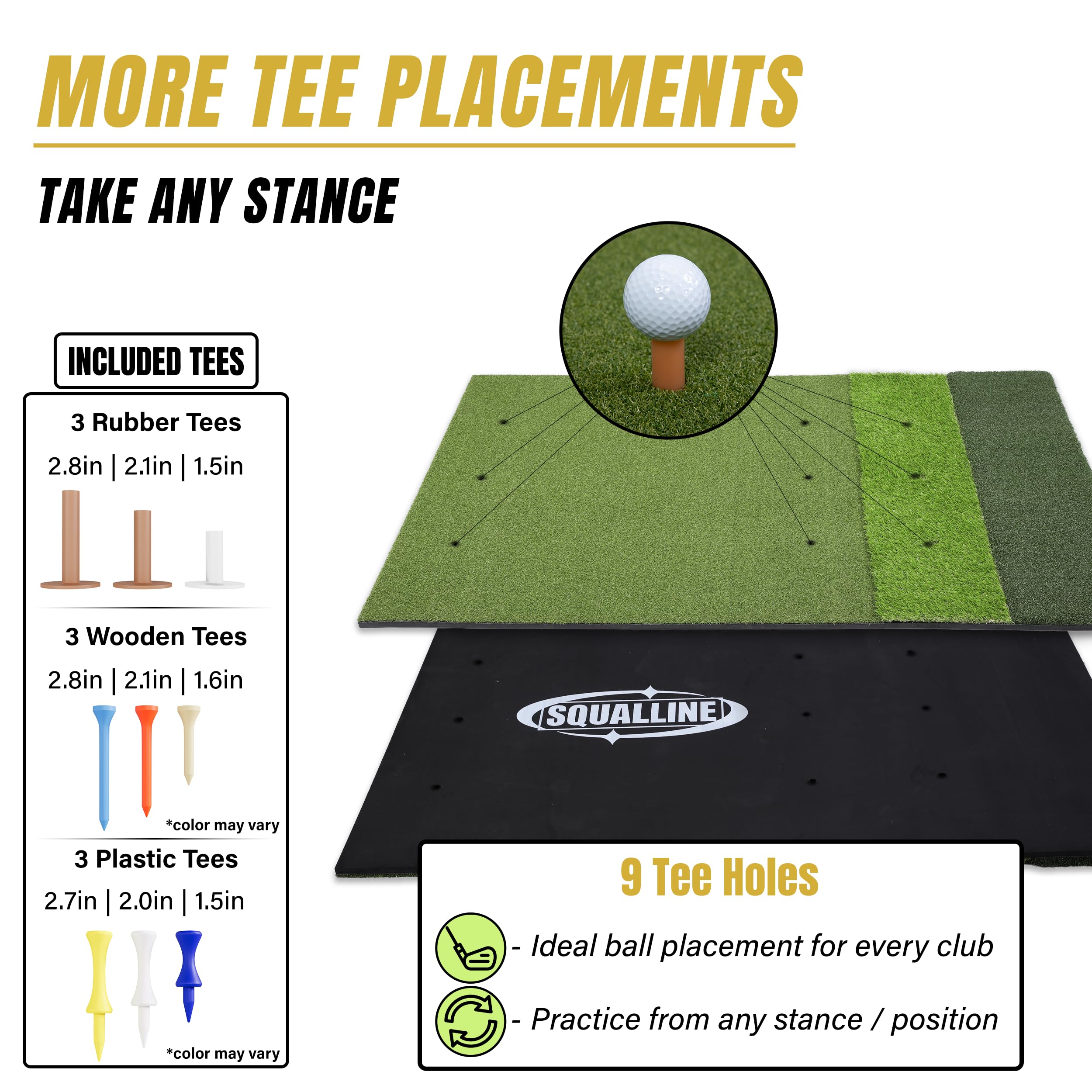Golf practice mat with teeing options and Squalline branding