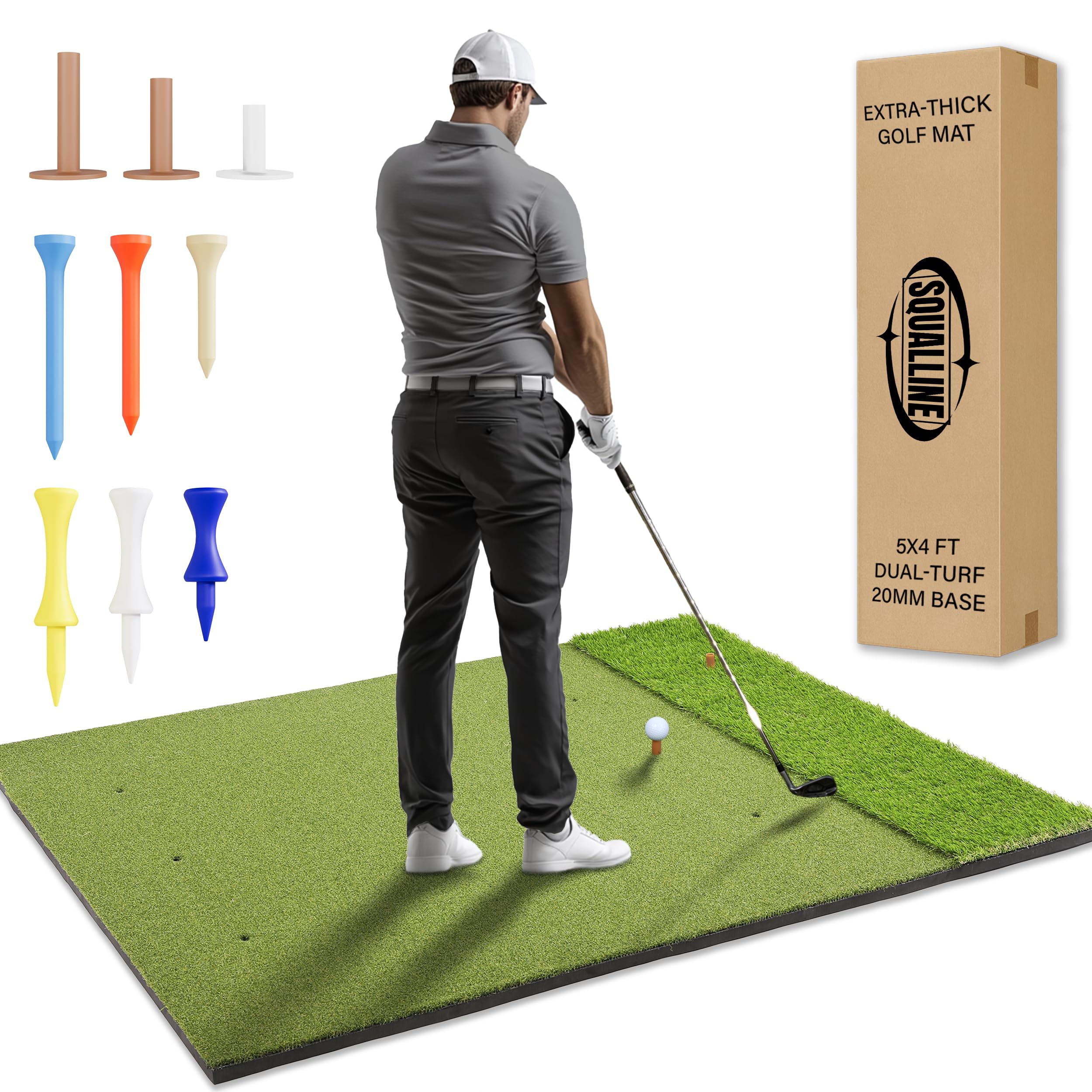 Person practicing golf on a mat with golf accessories and a branded box.