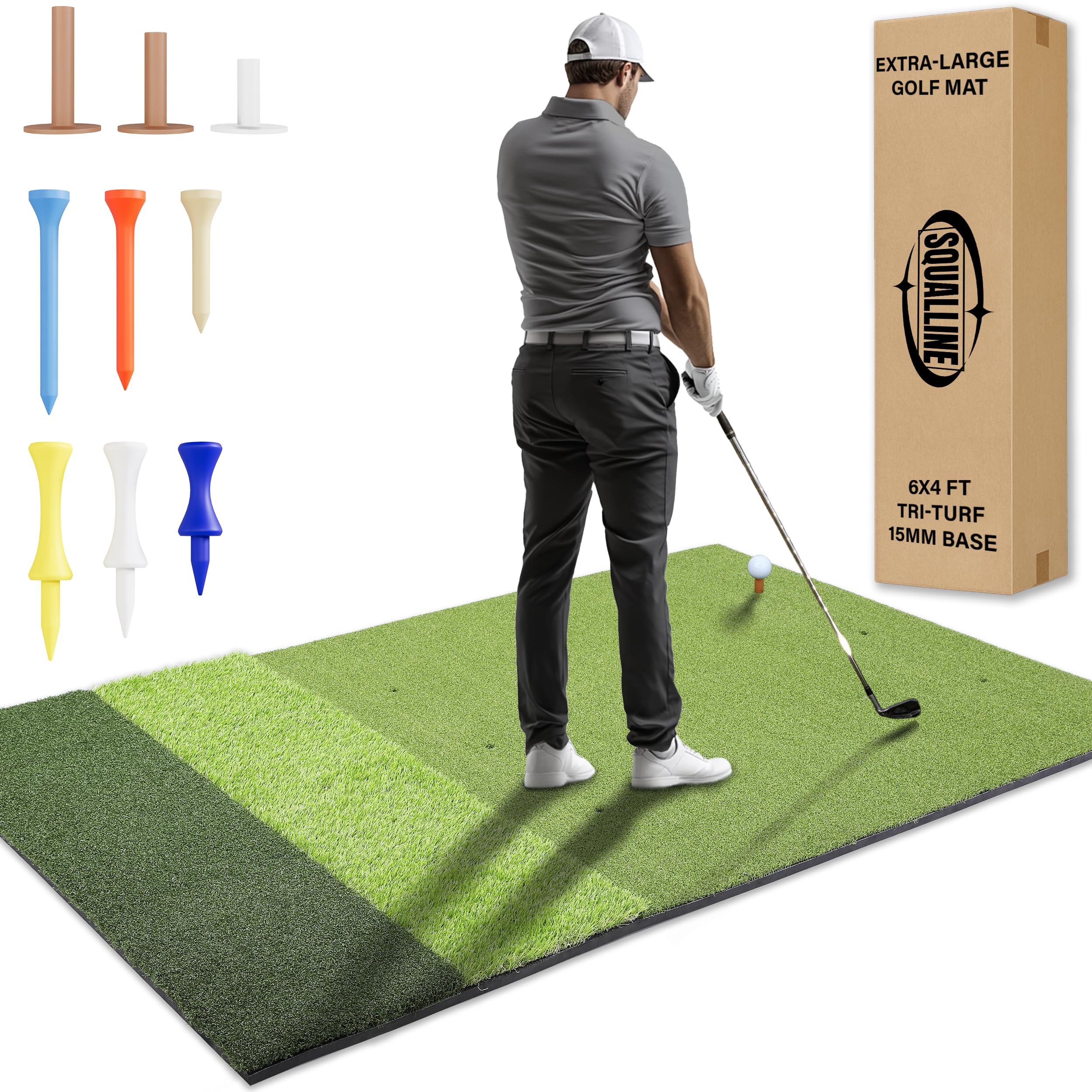 Man practicing golf on a golf mat with golf tees included and a Squalline brand box in the background.