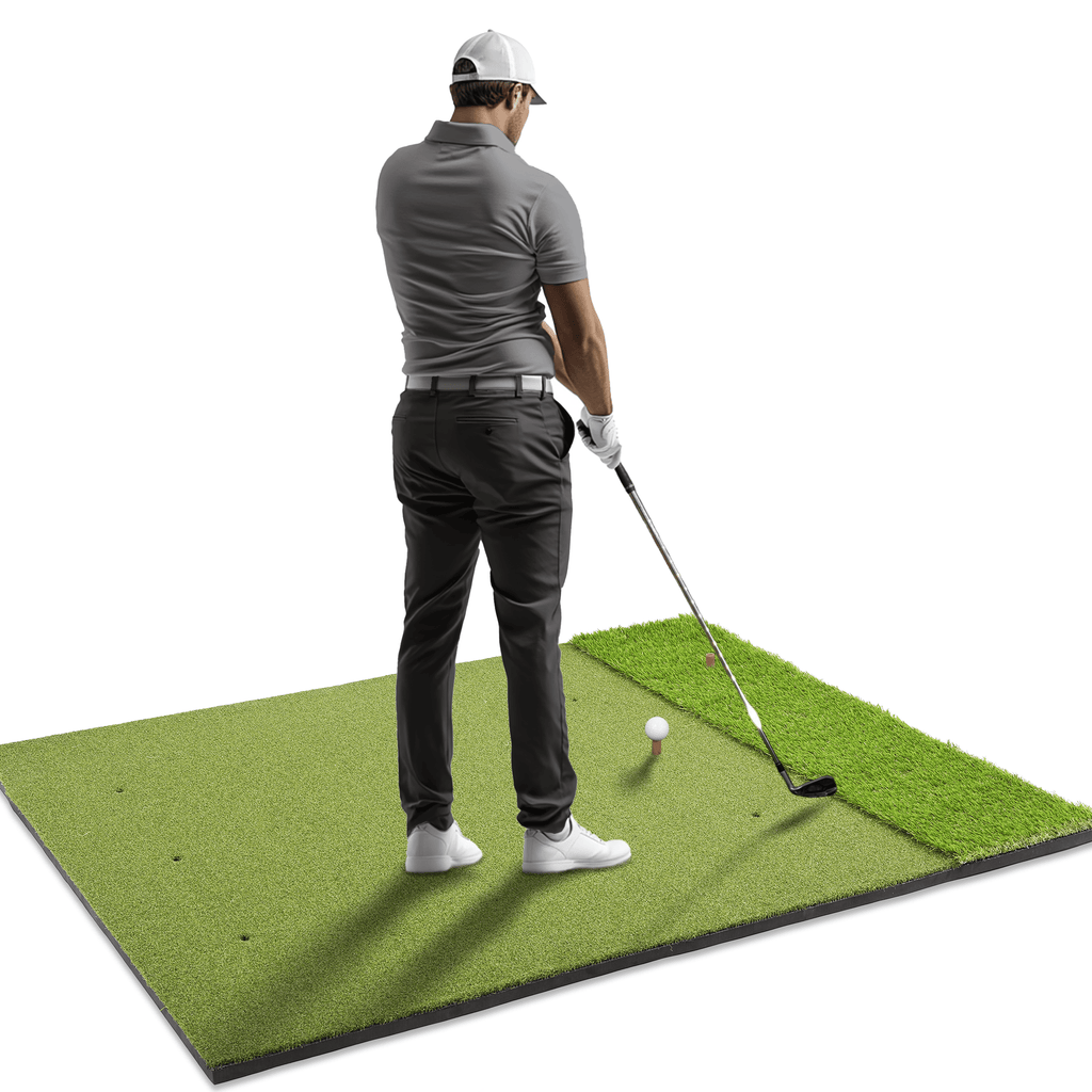 Man practicing golf swings on a green mat with a white background