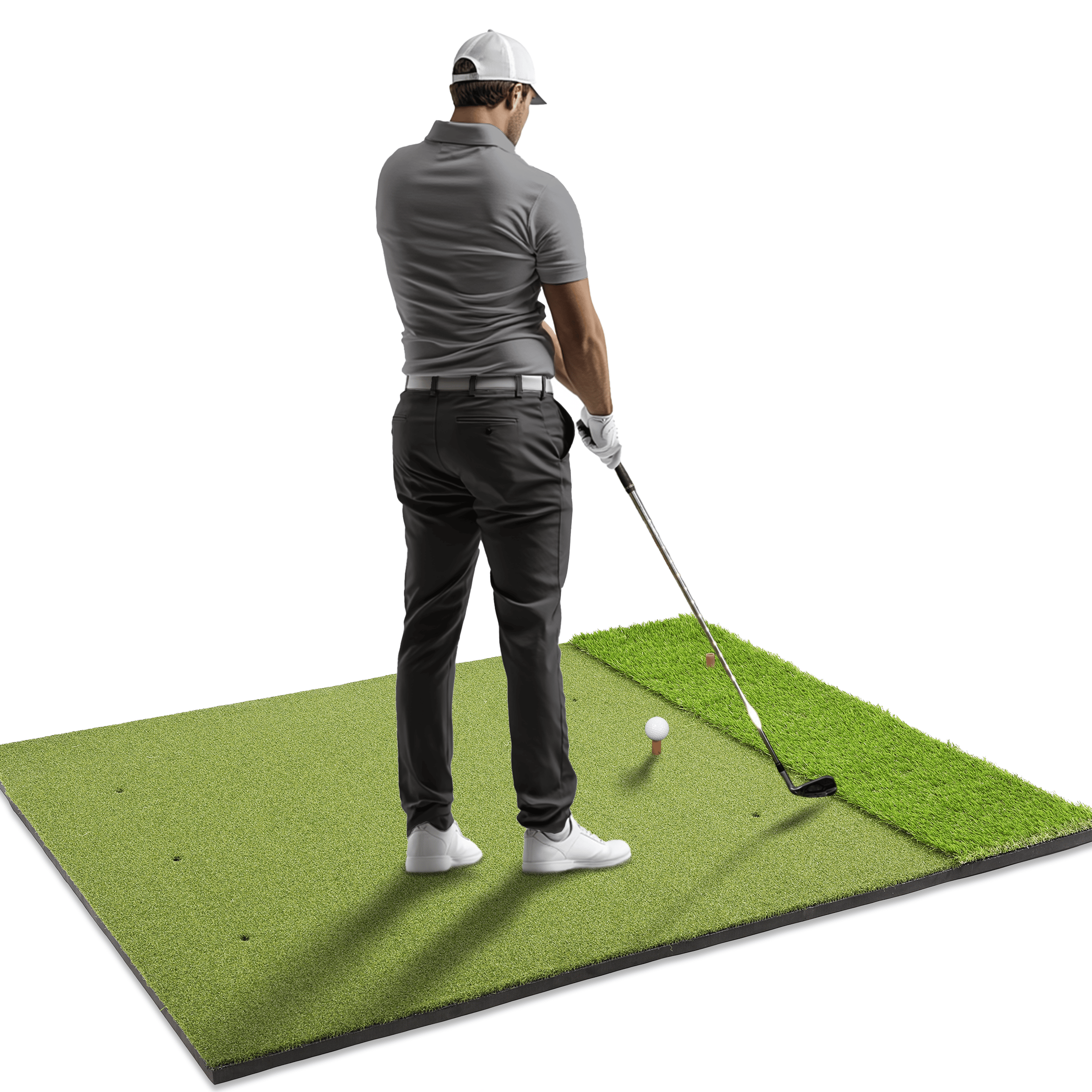 Man practicing golf swings on a green mat with a white background