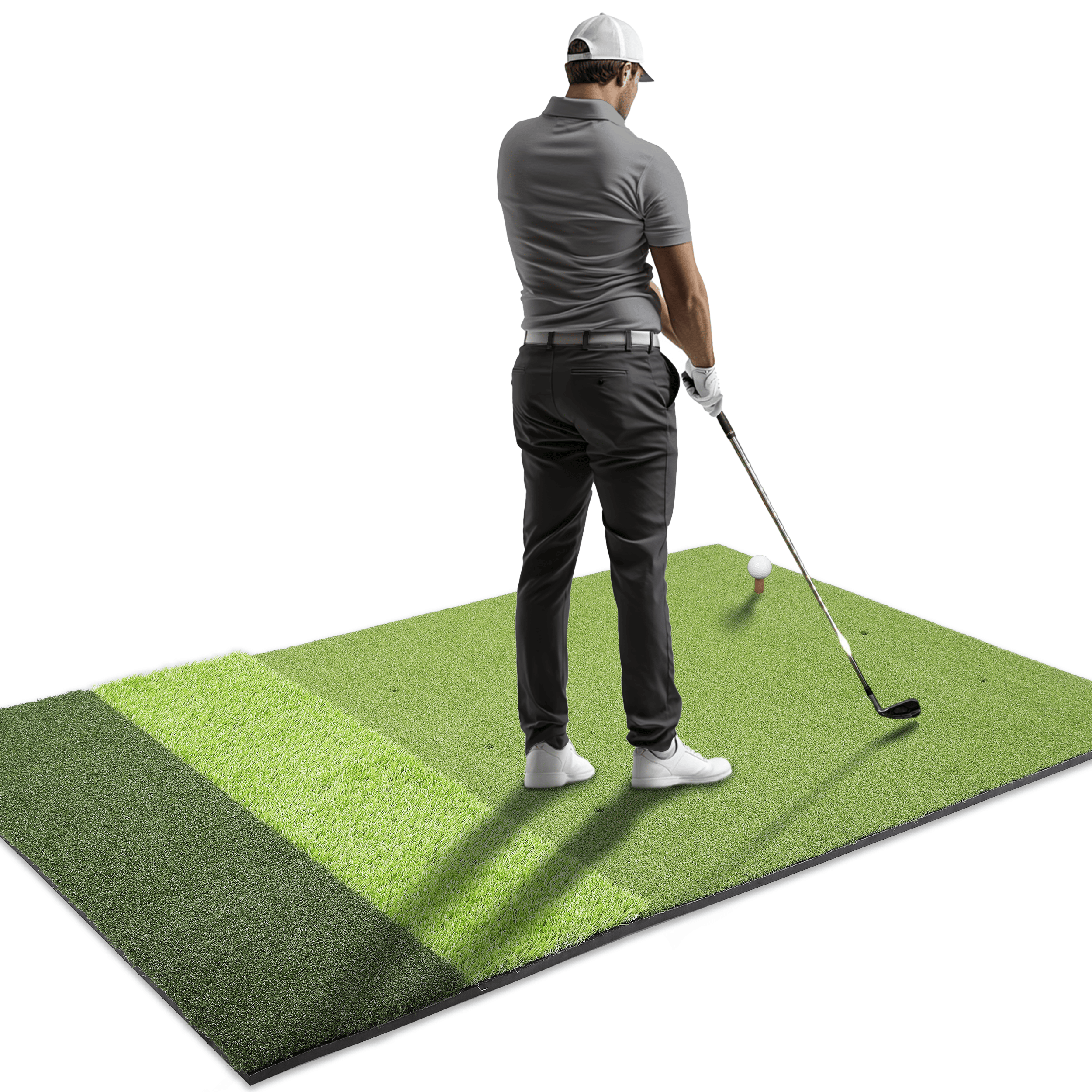 Man practicing golf swings on a green mat with a white background