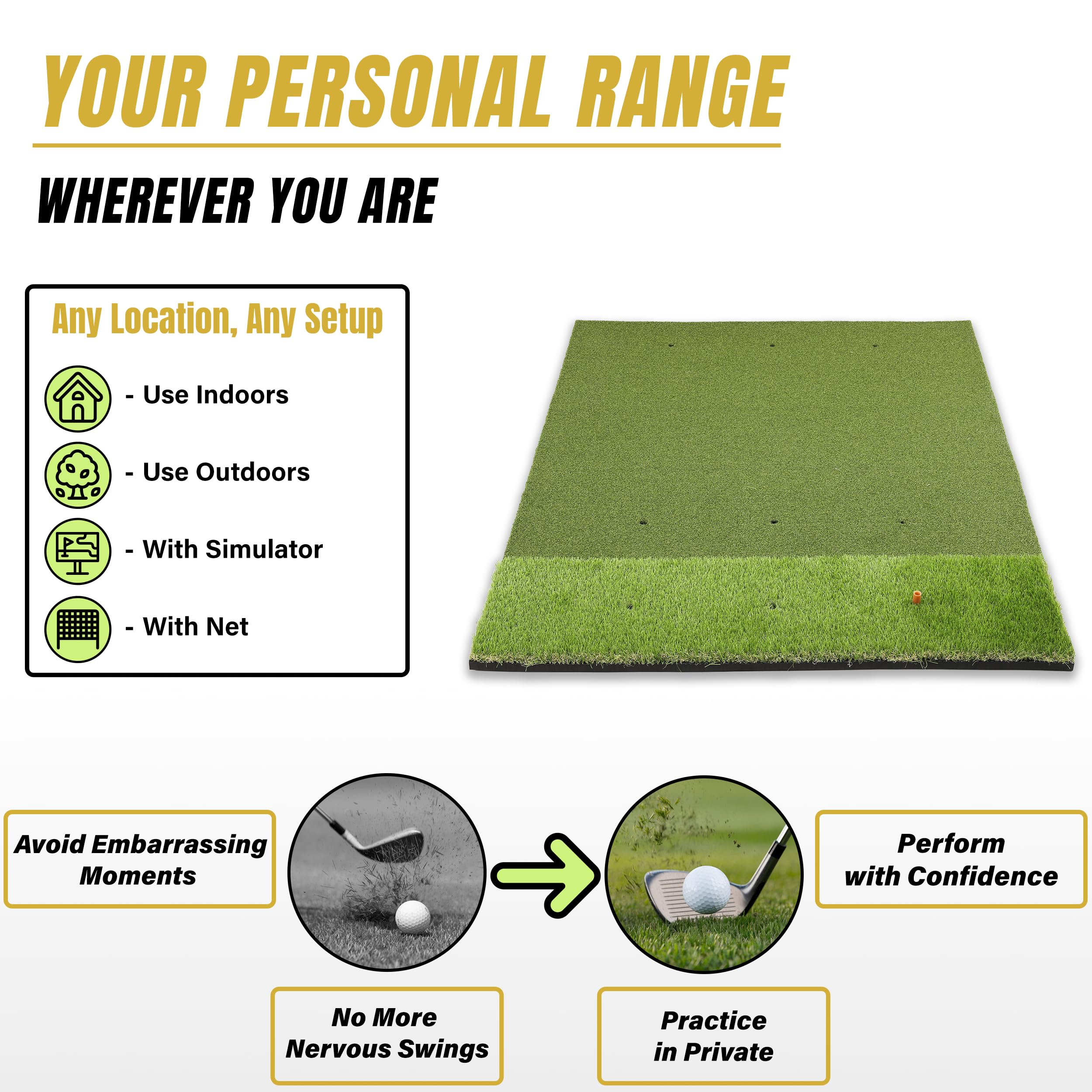 Golf practice mat with features and benefits on a white background