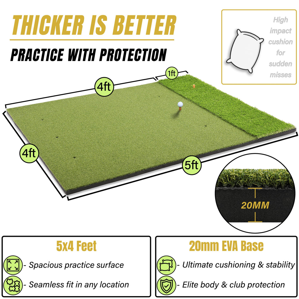Golf practice mat with dimensions and features highlighted