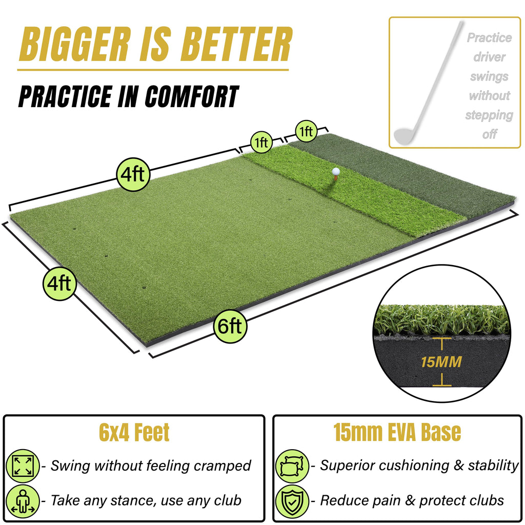 Golf practice mat with dimensions and features highlighted on a white background