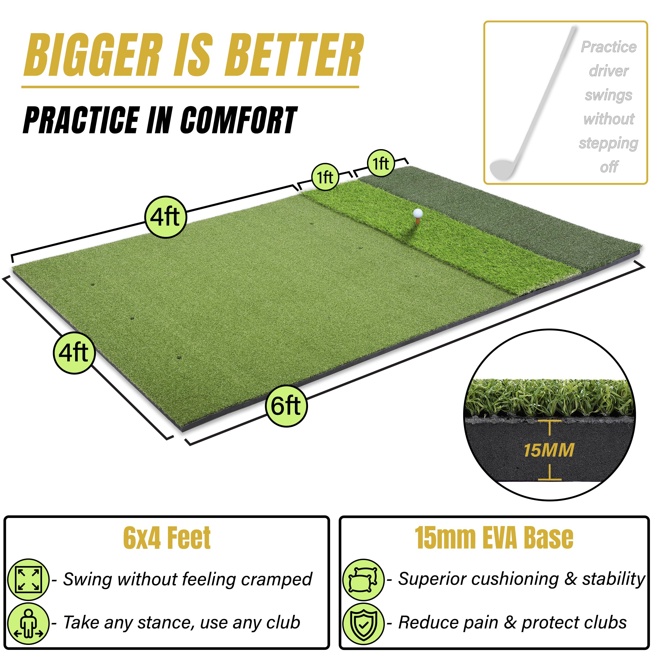 Golf practice mat with dimensions and features highlighted on a white background