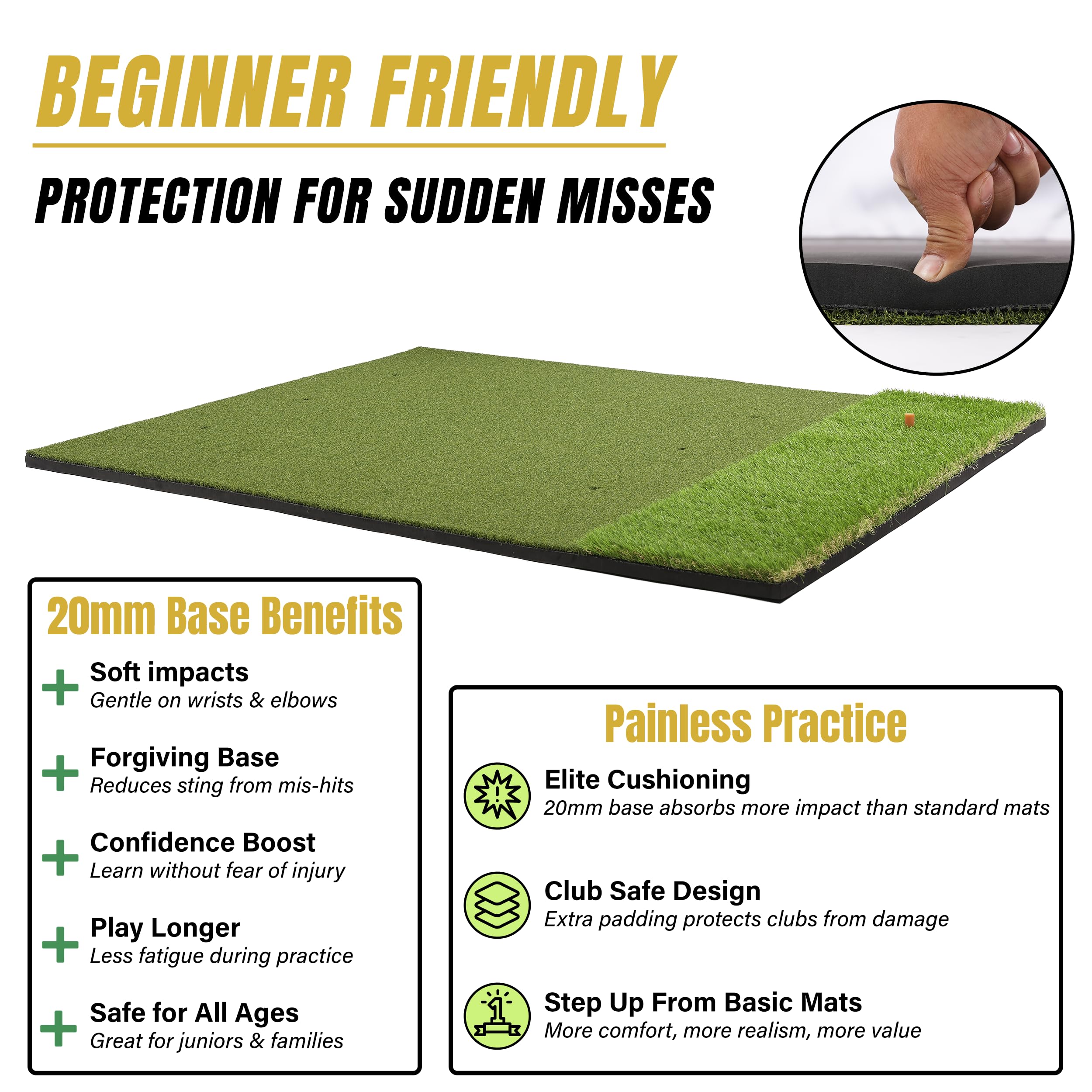 Golf practice mat with text highlighting features and benefits on a white background