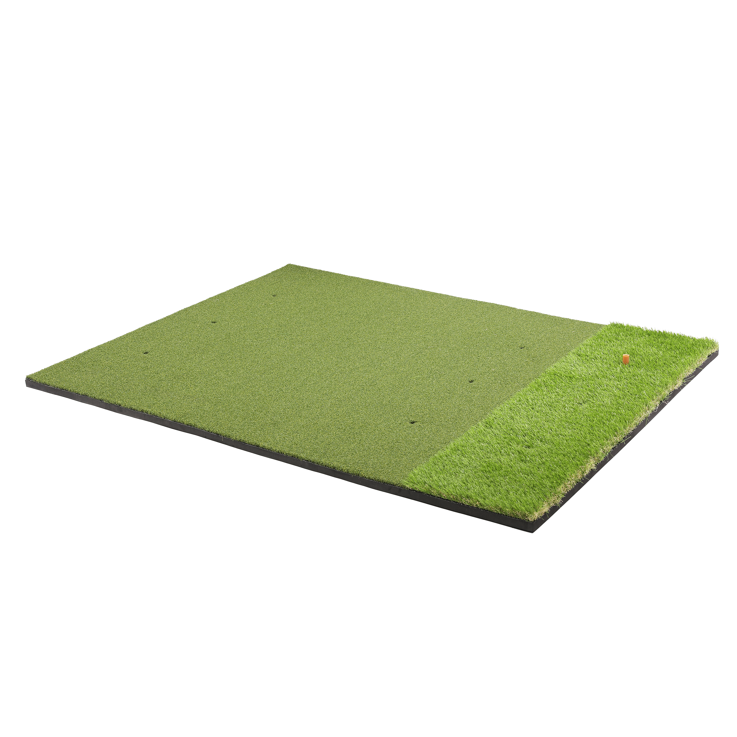 Golf practice mat with artificial grass surface on a white background