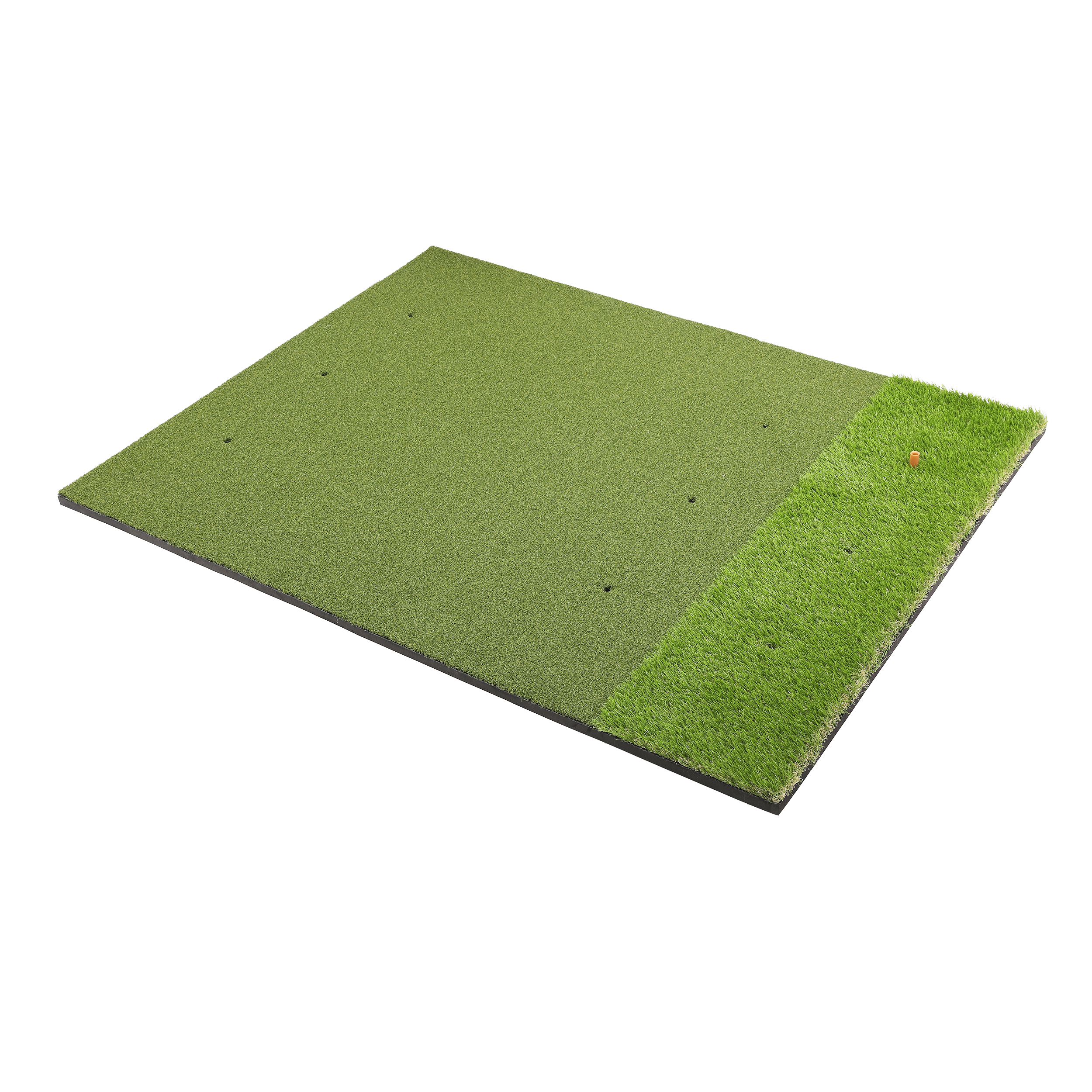 Green golf practice mat with a white background