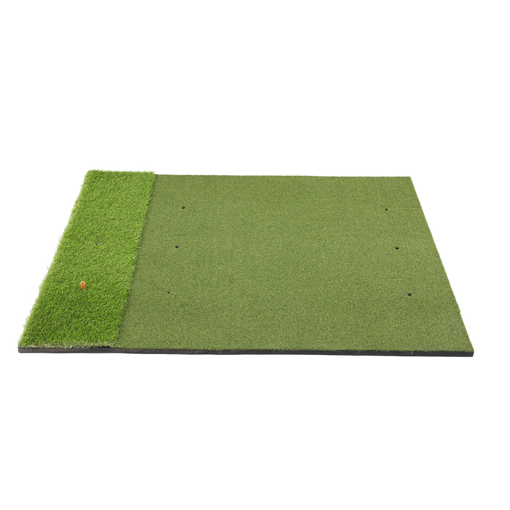 Green golf practice mat with a grassy edge on a white background