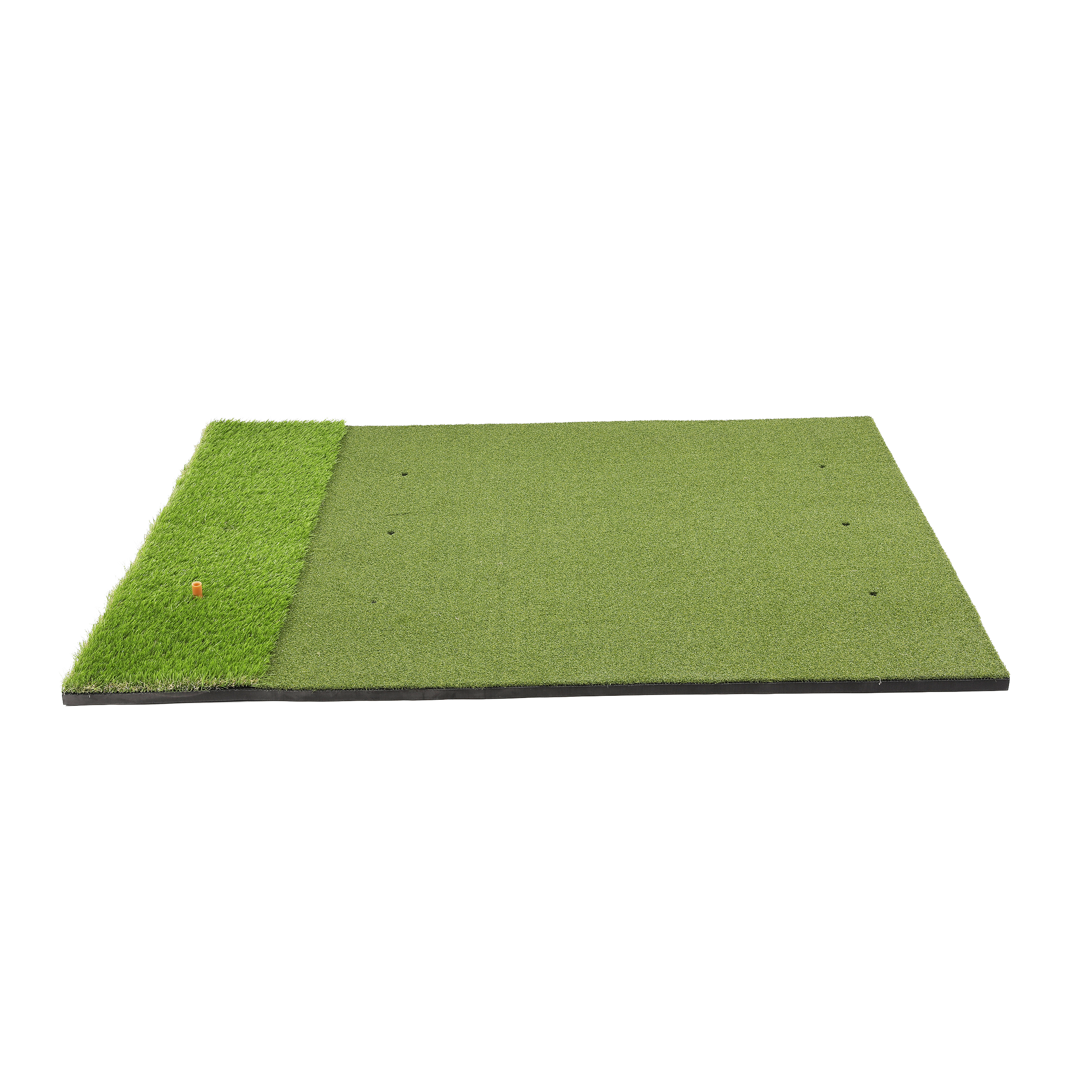 Golf practice mat with grass and turf sections on a white background