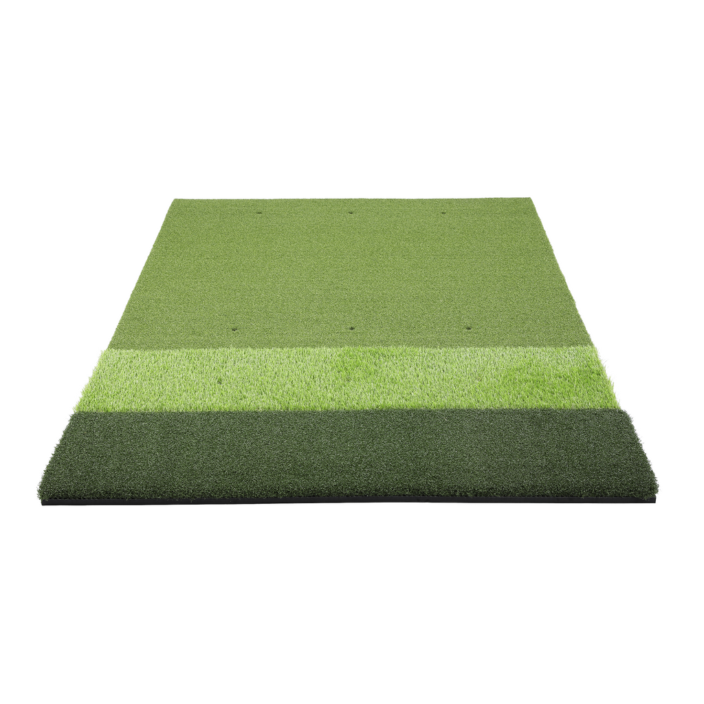 Green artificial grass mat on a white background